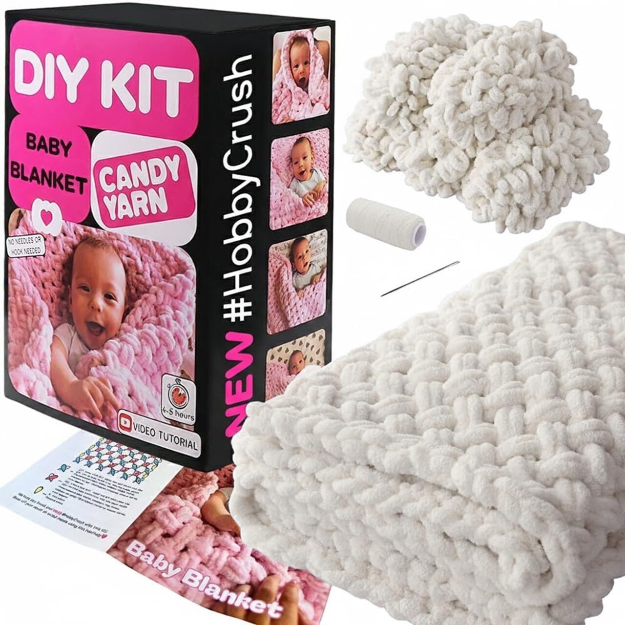 Beginner Loop Yarn Baby Blanket Craft Kit – Easy DIY Arm Knitting Set for Adults & Kids, Soft Chenille Pre-Looped Yarn, Handmade Gift Blanket Kit (Milky)